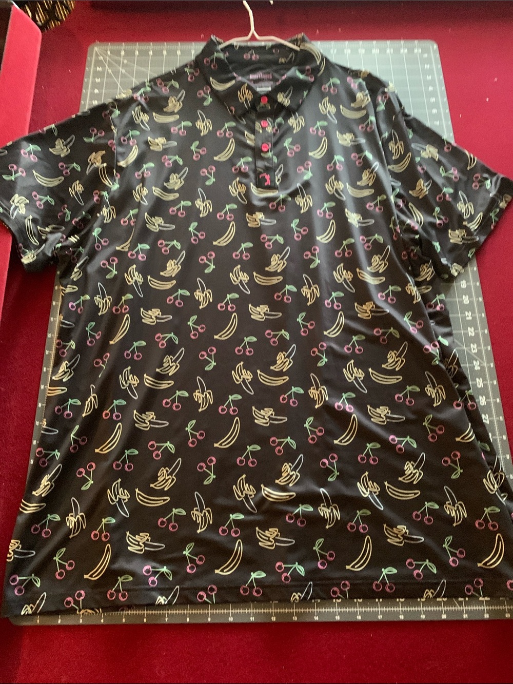 Black Fruit-Print Polo Shirt with Banana & Cherry Motif